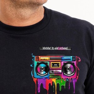 Kickin’ it Old School Boombox Colorful Pocket Placement Graphic tee