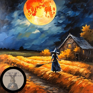 Witch Walking in under a Harvest Moon, Witch PNG, ART, Halloween, AI-generated, night, Digital Printable Wall Art, art print, wall art,