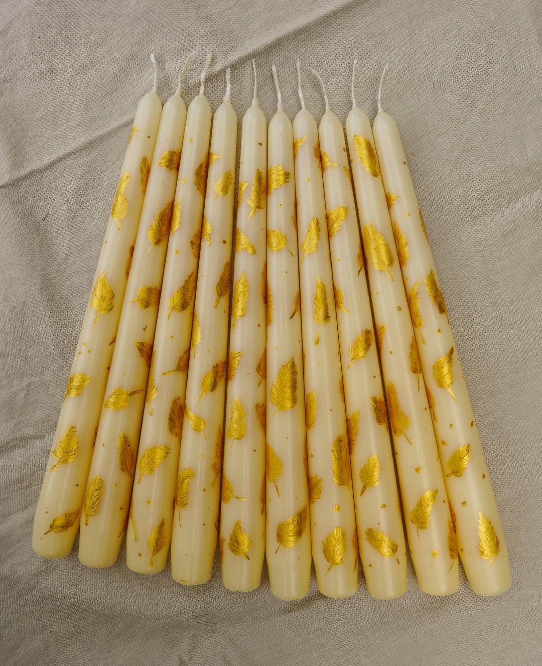 Hand Painted Ivory Dinner Candles With Golden Feathers. Gifts Etsy UK