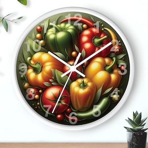 Kitchen Wall Clock, Fresh Produce Chef Clock, Bell Pepper and Tomato Illustrated Decor, Appetizing Vegetables Design, Colorful Kitchen Clock