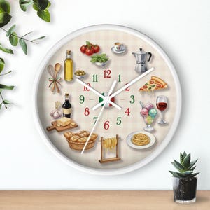 Italian Kitchen Wall Clock: Gingham Check Pattern, Pizza Pasta Gelato Icons, Wood Frame, Silent
