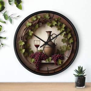 Châteaucore Wall Clock, France Cottage Style, Wine Shop / Farm House / Rustic Home Decor, Kitchen Clock, Grapes, Wine Pitcher & Glass