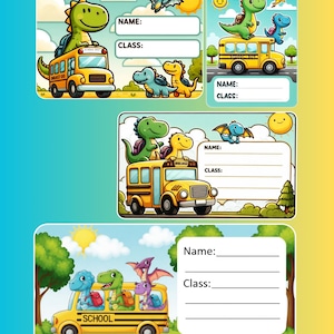 Dinosaurs School Bus Name Labels for Boys, Cute Dino Name Tags, Kindergarten & Primary School Stickers, Printable School Supplies, T-Rex