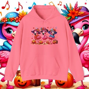 Fall Flamingo Fashion Show Hoodie - Fun & Cozy Autumn Style! - Safety Pink - Front Side Print