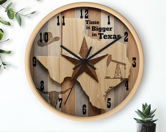 Texas-wandklok: rustiek Lone Star, boerderijdecor, longhorn, houten lijst, stil