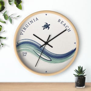 Virginia Beach Wall Clock: Ocean Soul Surfing, Coastal Turtle Wave Decor, Silent, 10"