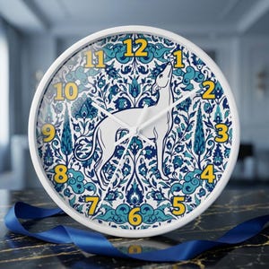 Whippet Dog Wall Clock: Turkish Ceramic Art Design, Silent Mechanism, Wooden Frame, 10 in
