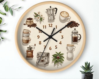 Reloj de pared para amantes del café: iconos de barista, diseño de cafetera moka y espresso latte, marco de madera, silencioso.