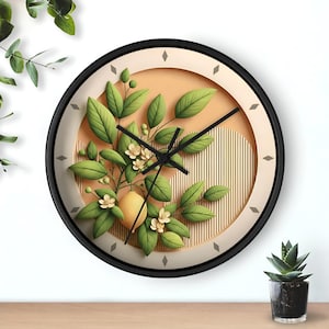 Minimalist Lemon Branch Kitchen Wall Clock | Wooden Circle Frame | Fresh Nature-Inspired Decor