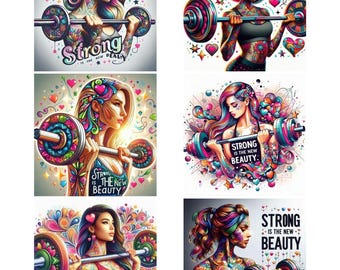 Sticker Sheet: Workout women, deadlift, "Strong is the New Beauty" (PNG File)