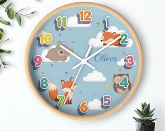Custom Baby Boy Wall Clock: Personalizable Nursery Bedroom Decor, Silent Mechanism, Wooden Frame, Animals