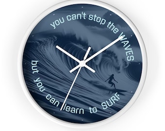 Orologio da parete con onde "Learn to Surf", motivo motivazionale per surfisti, ideale per la casa sulla spiaggia, la casa estiva, il surf club o la palestra, orologio da parete per amanti del surf, D.Blue