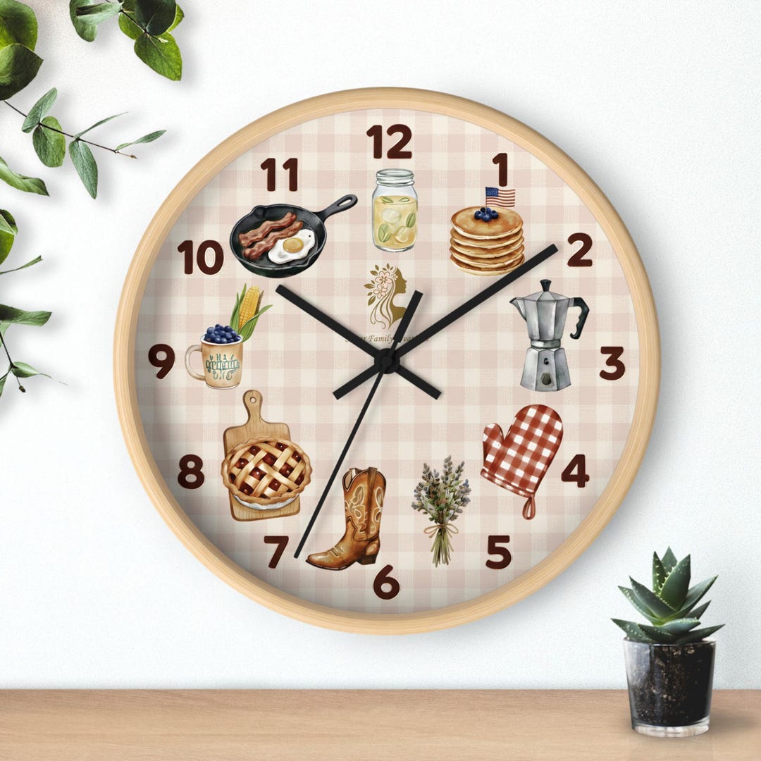 American Kitchen Wall Clock With Checked Gingham Tablecloth, Breakfast ...