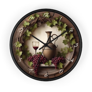 Châteaucore Wall Clock, France Cottage Style, Wine Shop, Farm House, Rustic Home / Kitchen Decor, Claret Grapes, Wine Pitcher & Glass with#