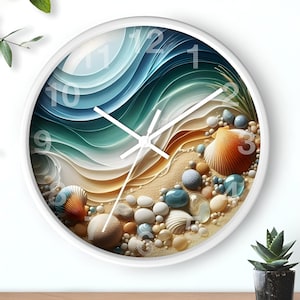 Coastal Beach Wall Clock, Modern Sea Pebbles & Sea Shells Design, Coastal Decor Summer House Accessory, Maritime Living, Housewarming Gift