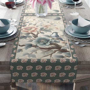 Floral Table Runner, Vintage Chinoiserie Decor, Elegant Cotton Blend, Thanksgiving | Dining | Dinner Party | Housewarming Gift