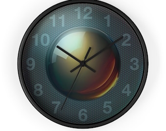 Wall Clock: Abstract Digital Orb Design, Futuristic Sci-Fi Art, Wooden Frame, Silent, 10 in