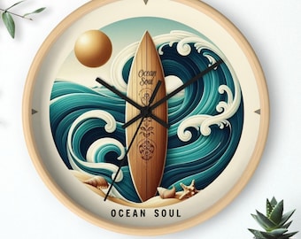 Ocean Soul Surfing Wall Clock, Coastal Decor, Beach House Accessory, Gift for Surfers, Relaxing Atmosphere, Nautical Wall Art
