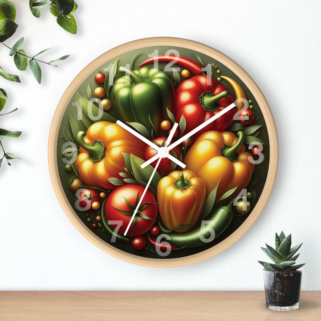 Kitchen Wall Clock, Fresh Produce Chef Clock, Bell Pepper and Tomato ...