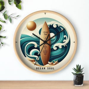 Ocean Soul Surfing Wall Clock: Coastal Beach House Decor, Surfboard Art, Silent, 10 inch