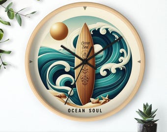Ocean Soul Surfing Wall Clock: Coastal Beach House Decor, Surfboard Art, Silent, 10 inch