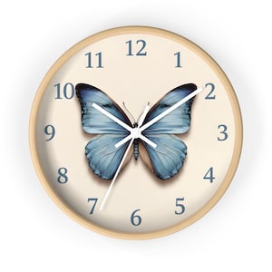Minimalist Wall Clock: Patina Blue Butterfly, Beige Modern Decor, Wooden Frame, Non Ticking