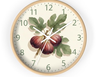 Wall Clock: Fig Branch Botanical Illustration, Watercolor Design, Wood Frame, Silent, 10 in, Round