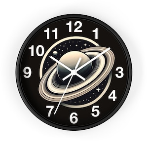 May include: A black wall clock with a space-themed design. The clock face features a planet with rings, surrounded by stars, and white numerals. The clock hands are white, and the clock has a black frame.