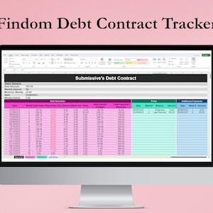 May include: A computer screen displaying a spreadsheet with the title "Submissive's Debt Contract". The spreadsheet includes columns for date, week number, debt owed, payments, due interest, admin fees, fines, debt carried forward, total payments received, reason, amount, and additional payments.