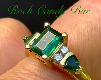 Vintage 14K Gold Smaragd und Diamant Ring - 7-Steine Statement Erbstück, Weihnachtsgeschenk für Sie, Mai Birthstone Schmuck, Größe 7,25