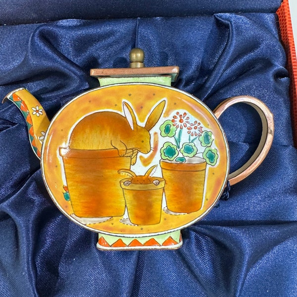 Vintage Charlotte di Vita Enamel & Copper Miniature Rabbit Teapot, Original Box and Tags