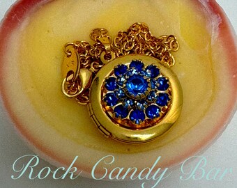Vintage Blue Rhinestone Locket Necklace Set, Floral Gold Locket with Earrings, Petite Vintage Jewelry, Gift Set for Her