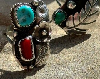 Vintage Navajo Turquoise Coral Flower Ring Vintage Sterling Silver Size 9 Cool Navajo Ring Vintage Sterling Silver Ring Southwestern Jewelry