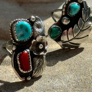 Anillo vintage navajo con flor de coral turquesa, plata de ley, talla 9. Anillo navajo moderno, plata de ley, joyería del suroeste.