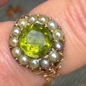 Antique 18K Gold Victorian Peridot & Seed Pearl Ring August Birthstone Heirloom Antique Peridot Ring Victorian Jewelry Gifts for Her Peridot