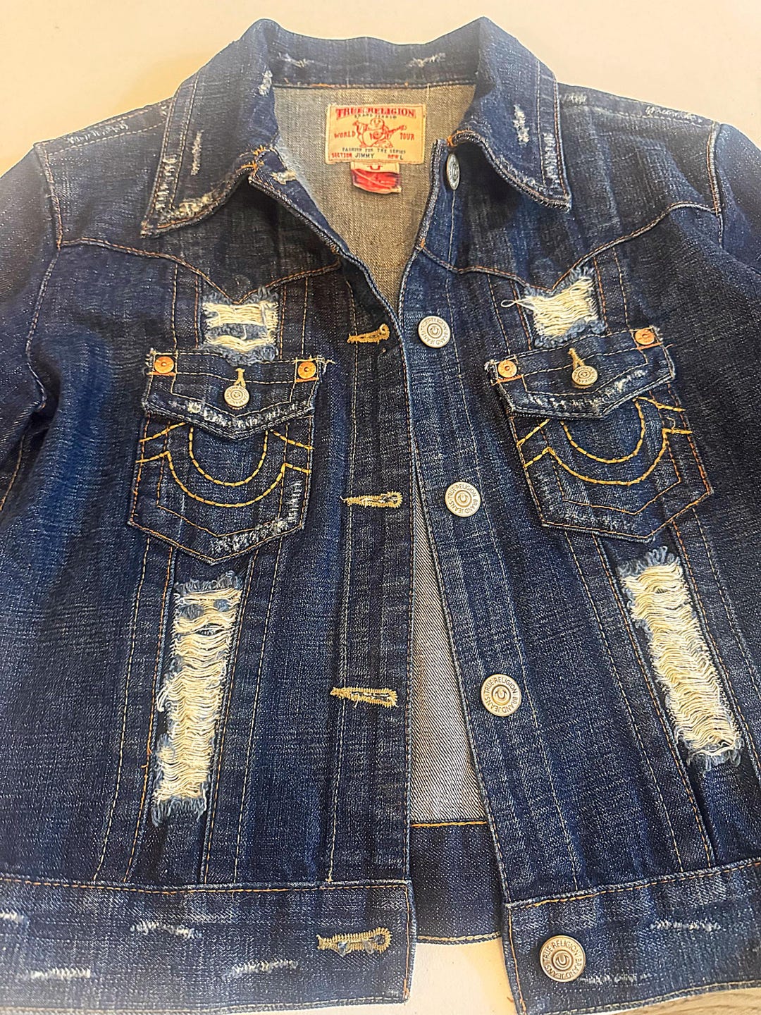 Y2K True Religion Cropped Denim Jacket: Distressed Vintage Jean