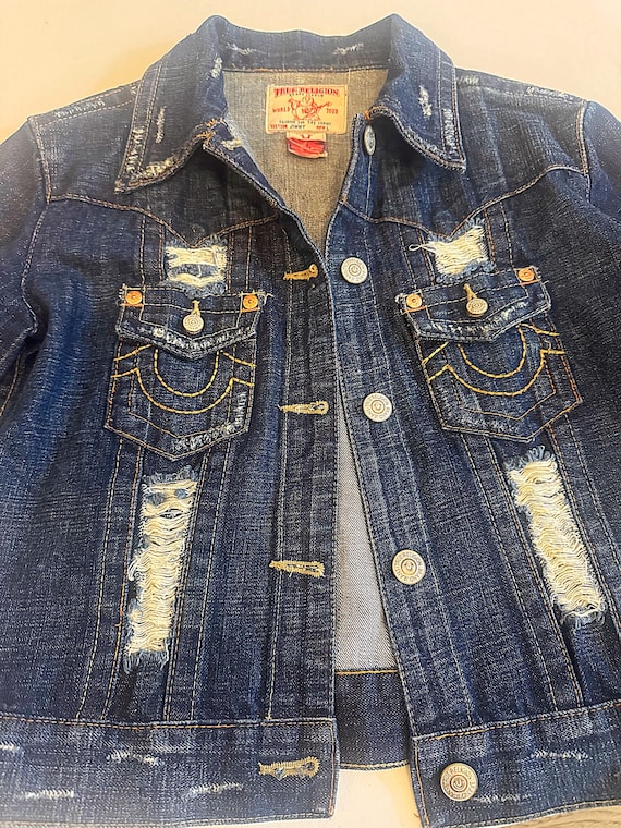Y2K True Religion Cropped Denim Jacket: Distressed Vintage Jean