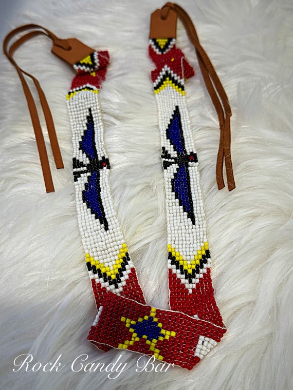 Vintage Native Thunderbird Beaded Leather Hat Band SALE 50% OFF - Blue White Red Yellow Seed Beaded Thunderbird  main image 3