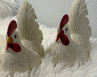 Vintage Fritz Floyd Chickens & Roosters – Farmhouse Salt Pepper Shakers, Bookends Cottage Kitchen Collectibles