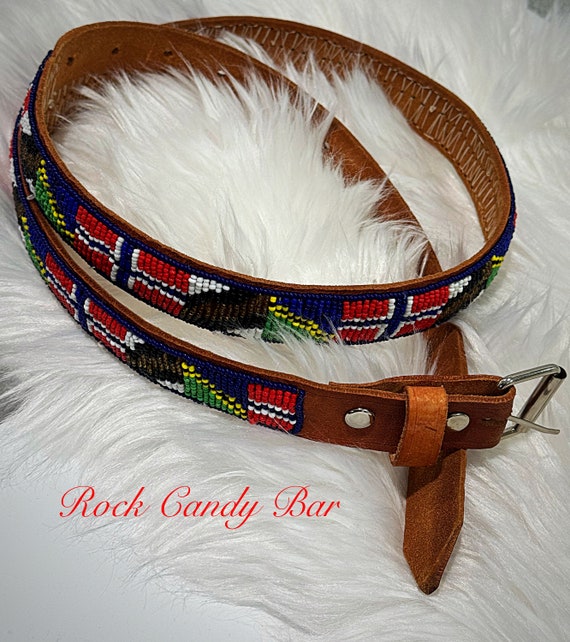 Vintage Hand-beaded Leather Men's Belt Tribal Flag Design 32–40