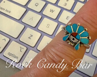 Vintage Zuni Sunface Ring – Sterling Silver Inlay – Turquoise