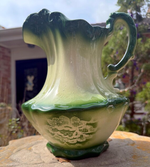 Vintage Grün Ombre Keramik Krug Vase | Cottage Bauernhaus Dekor | Große Grüne Keramik Vase | Rustikales Statement Herzstück