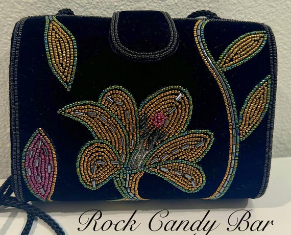 Irisierende Clutch Abendhandtasche Blau Vintage Schwarz Samt