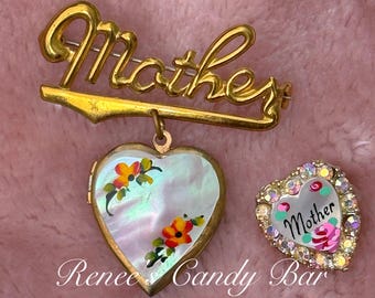 Vintage Mother Pin: Heart Brooch, Floral Locket, Rhinestone Accent