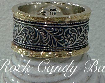 Vintage Wide Cigar Band Ring | Unisex 14k Gold & Sterling Silver Artisan Wedding Band | Mixed Metal Statement Ring | Size 9.75