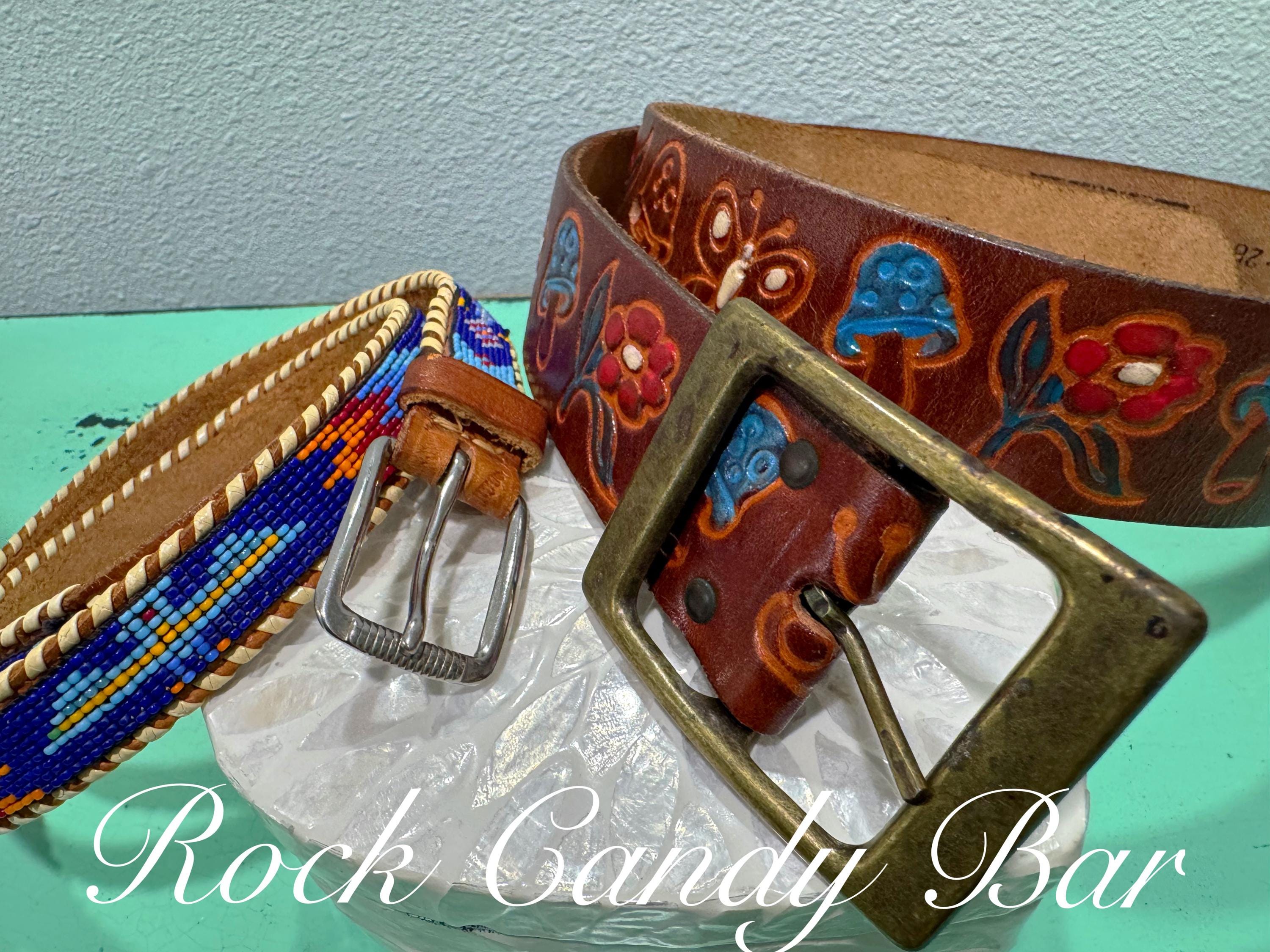 Vintage 1970s Artisan Leather Belts – Hand-painted, Beaded & Boho