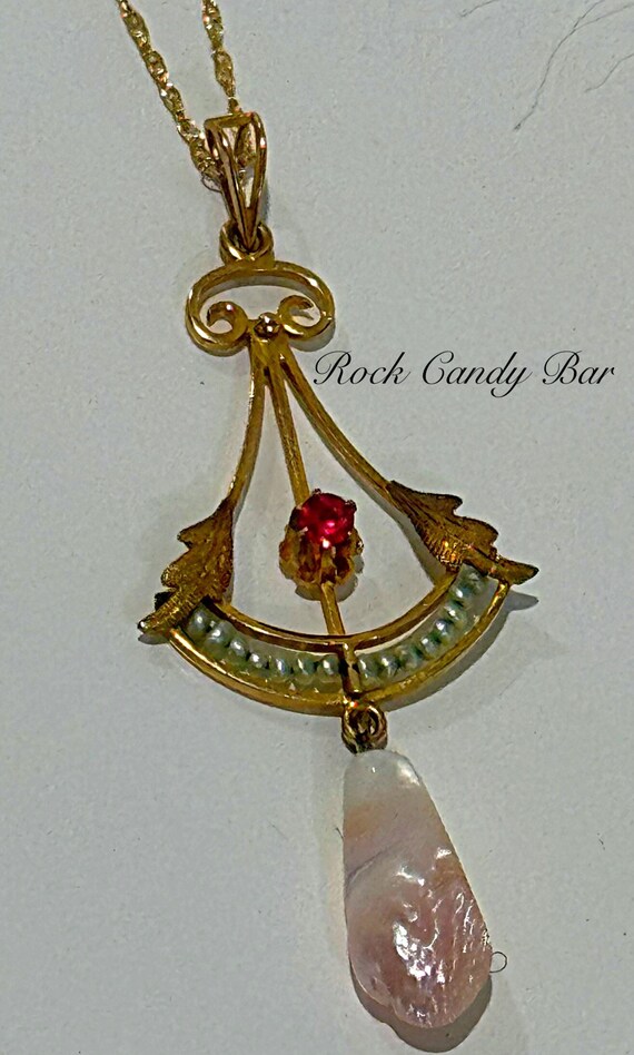 Rare Art Nouveau 9k Solid Gold Ruby Seed Pearl an… - image 1