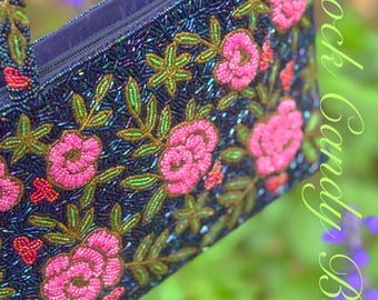ヴィンテージビーズローズハンドバッグ - ネイビー＆ピンクの花柄