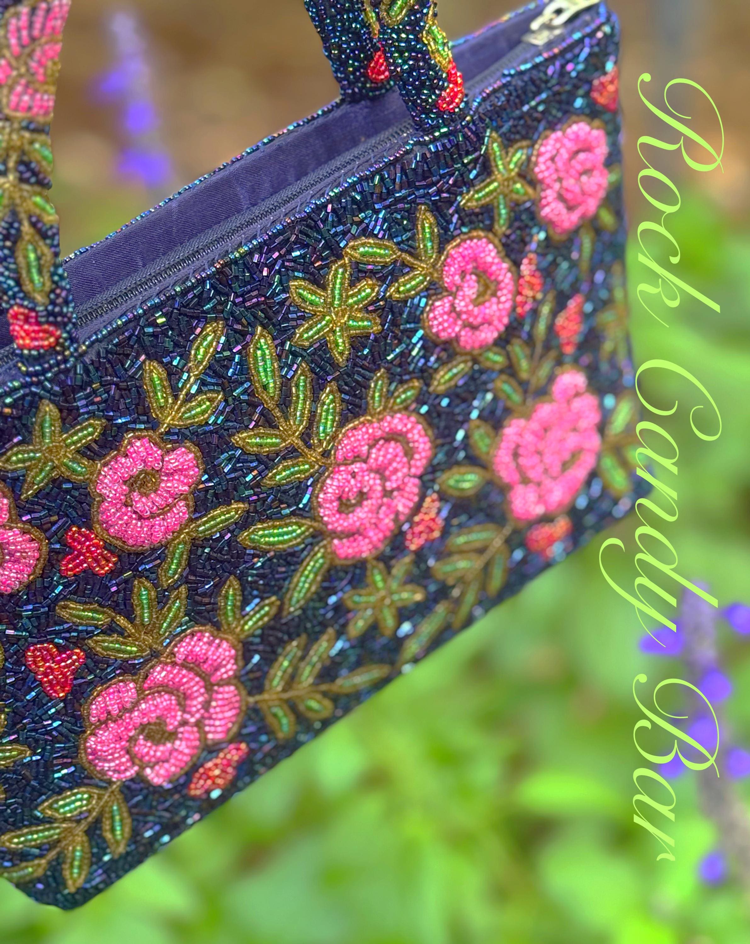 ヴィンテージビーズローズハンドバッグ - ネイビー＆ピンクの花柄