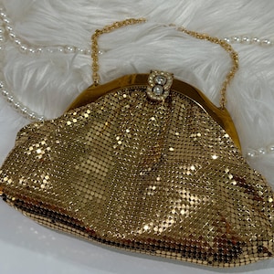 Vintage Gold Mesh Handbag Gold made in the USA by Whiting & Davis Company Rhinestone Gold Mesh Handbag Gorgeous Accent Bags Vintage Mesh
